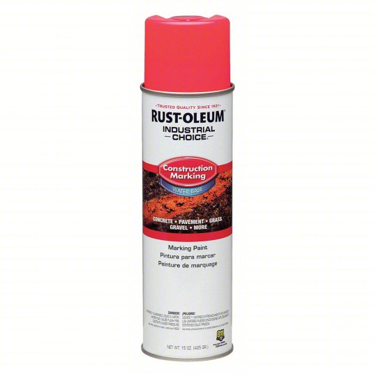 A 17 oz can of Rust-Oleum M1400 Construction Marking Paint, featuring a pink cap and water-based formula suitable for marking concrete, pavement, grass, and gravel. The label includes usage instructions and safety warnings.